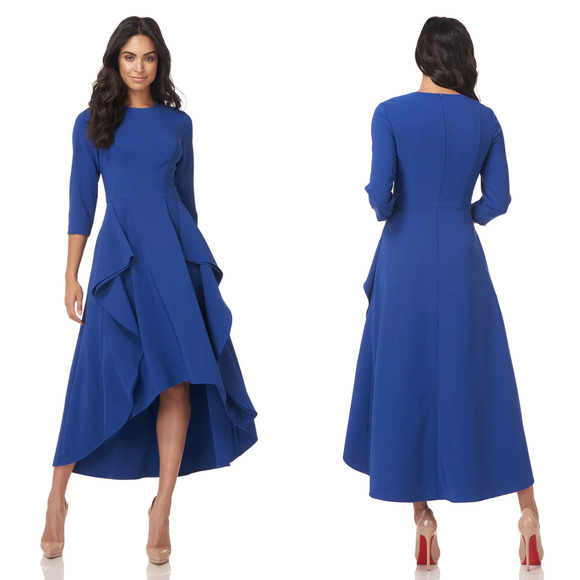 Kay Unger Dresses & Skirts - Kay Unger Bria High Low 3/4 Sleeve A-Line Midi Dress Navy Blue Plus Size 16 NEW